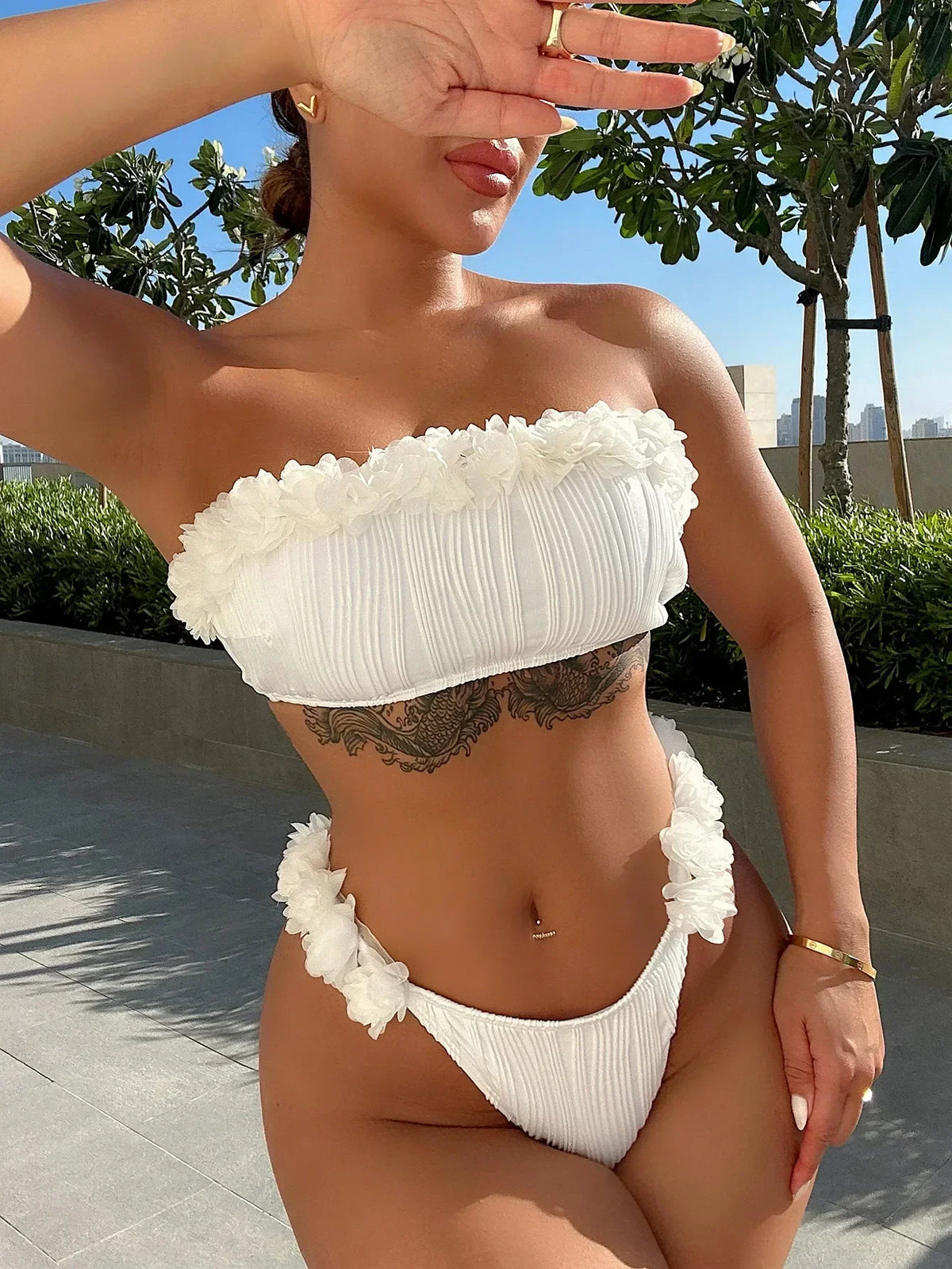 Lace Ruffle Swimsuit Strapless Backless Bikini Set