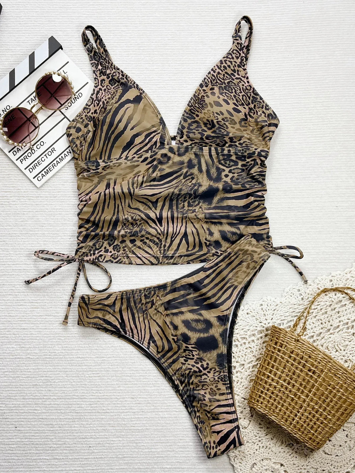 Leopard Print Bikini Halter V Neck Drawstring Side Top Thong Swimsuit Beach Bathing Suit