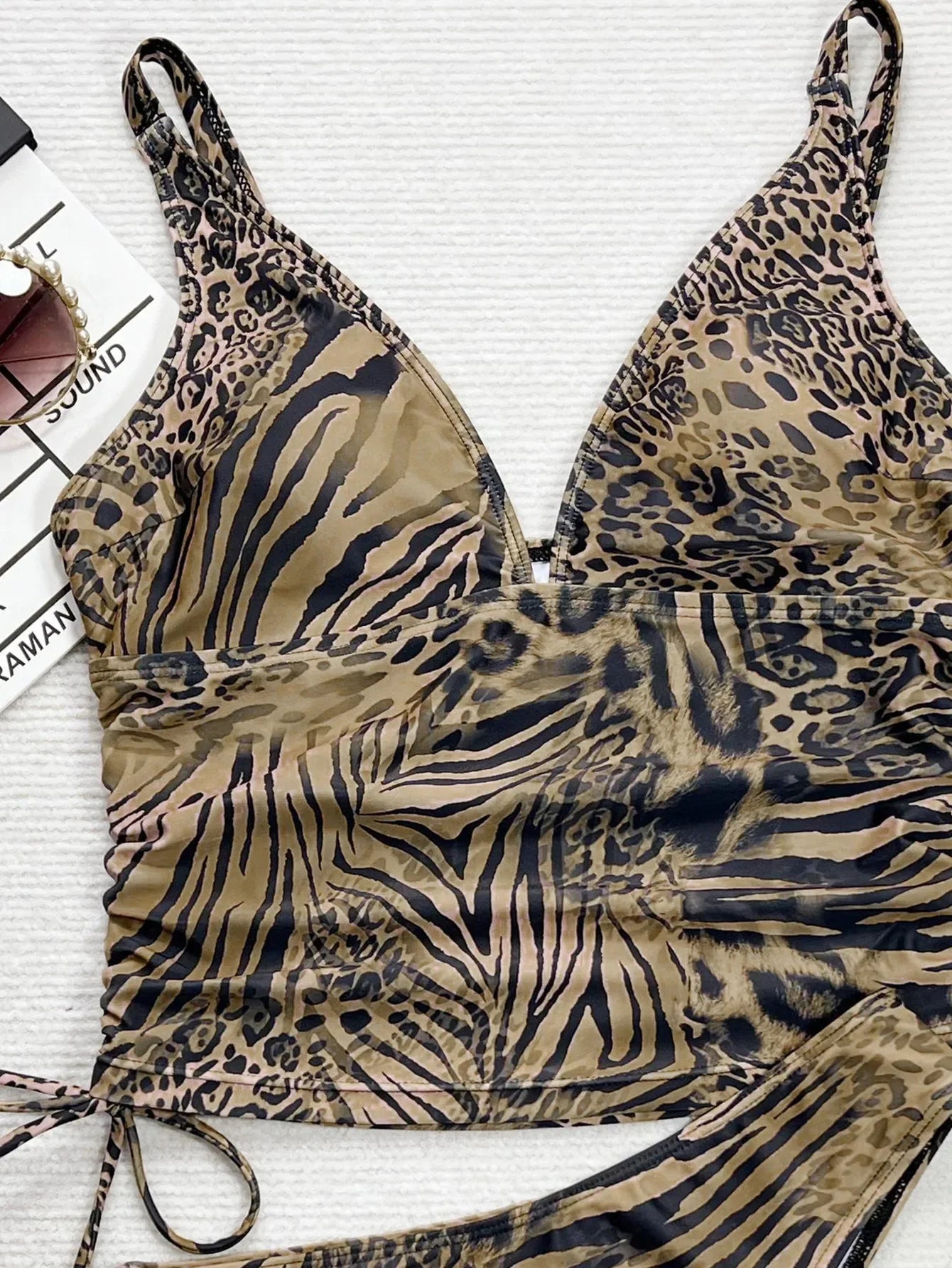Leopard Print Bikini Halter V Neck Drawstring Side Top Thong Swimsuit Beach Bathing Suit