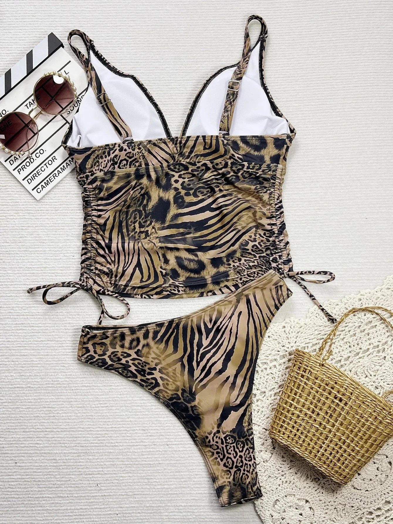 Leopard Print Bikini Halter V Neck Drawstring Side Top Thong Swimsuit Beach Bathing Suit