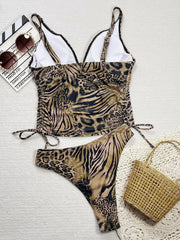 Leopard Print Bikini Halter V Neck Drawstring Side Top Thong Swimsuit Beach Bathing Suit
