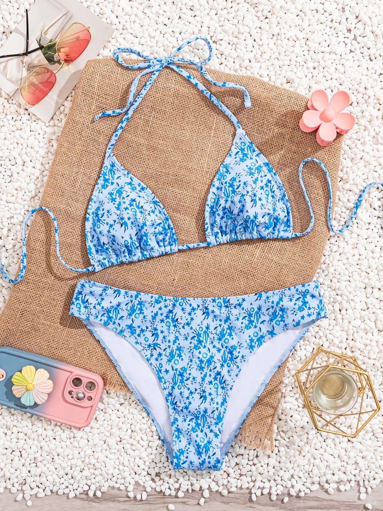 Leopard Print Two Piece Swimsuit Halter Push Up Bra Backless High Waist Bikini Set