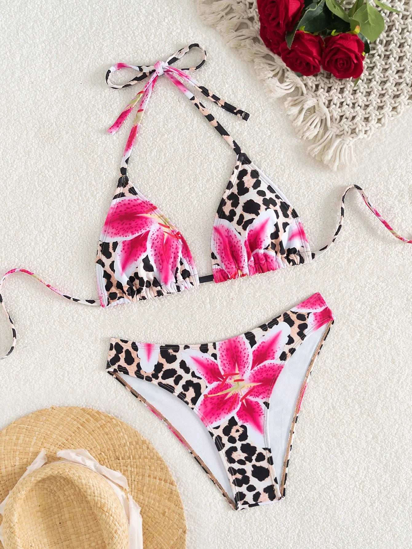 Leopard Print Two Piece Swimsuit Halter Push Up Bra Backless High Waist Bikini Set