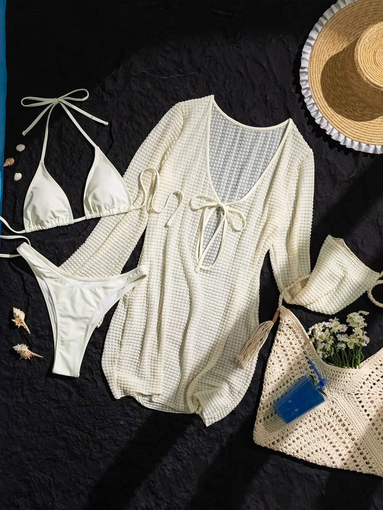 Long Sleeve Cover Up Dress 3 Piece Swimsuit Hollow Out Bandage Thong Swimwear Ribbed Bikini Set
