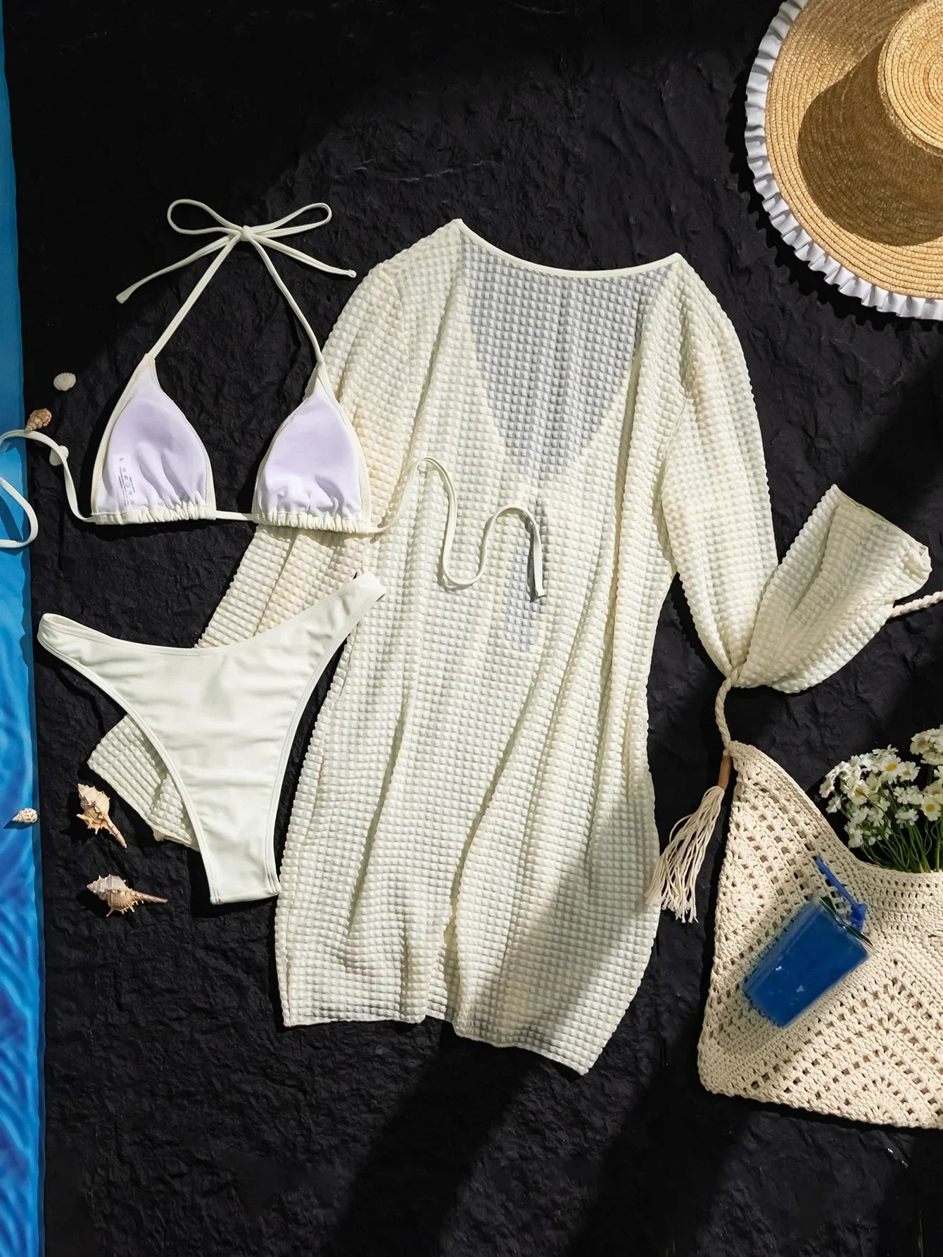 Long Sleeve Cover Up Dress 3 Piece Swimsuit Hollow Out Bandage Thong Swimwear Ribbed Bikini Set