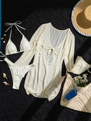 Long Sleeve Cover Up Dress 3 Piece Swimsuit Hollow Out Bandage Thong Swimwear Ribbed Bikini Set