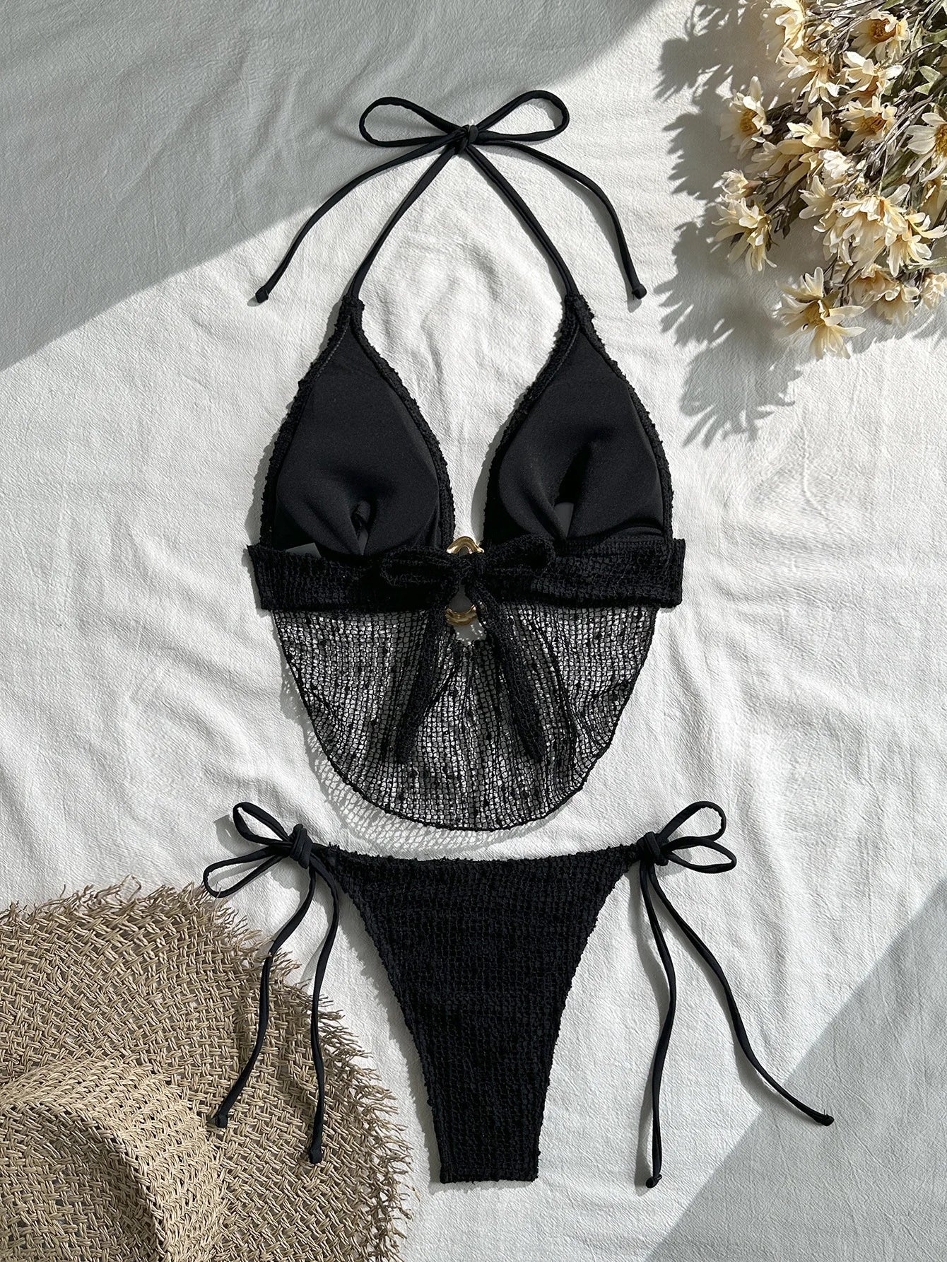 Mesh Draped Neckline Bikini Set