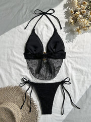 Mesh Draped Neckline Bikini Set