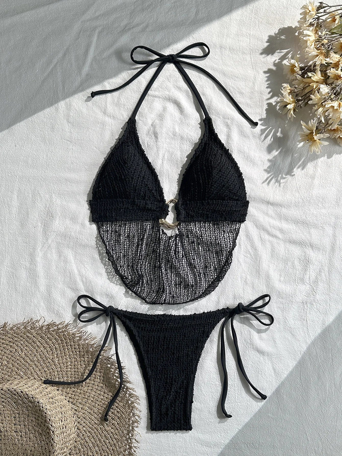 Mesh Draped Neckline Bikini Set