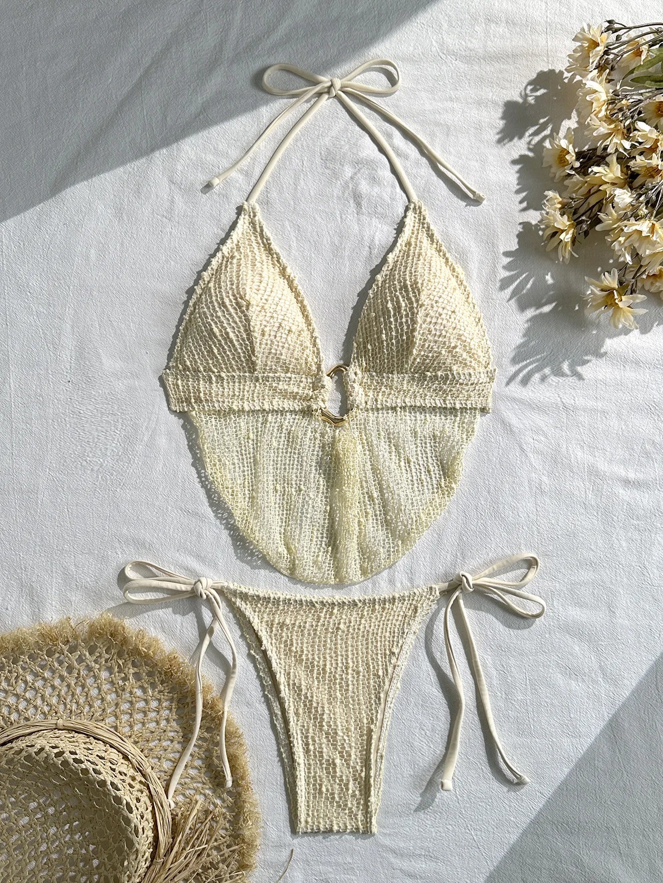 Mesh Draped Neckline Bikini Set