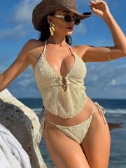 Mesh Draped Neckline Bikini Set
