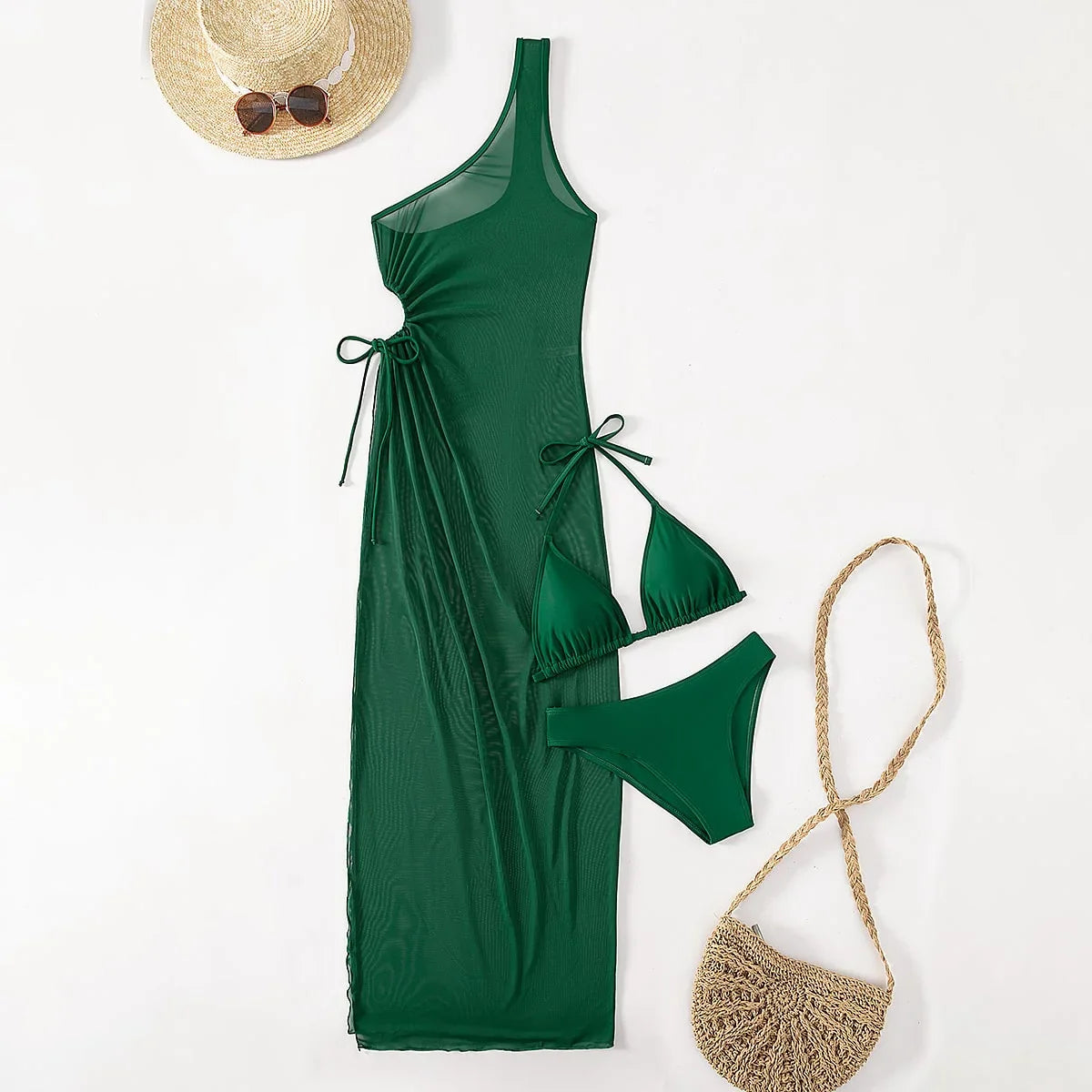 Mesh Long Dress 3 Piece Bikini Set