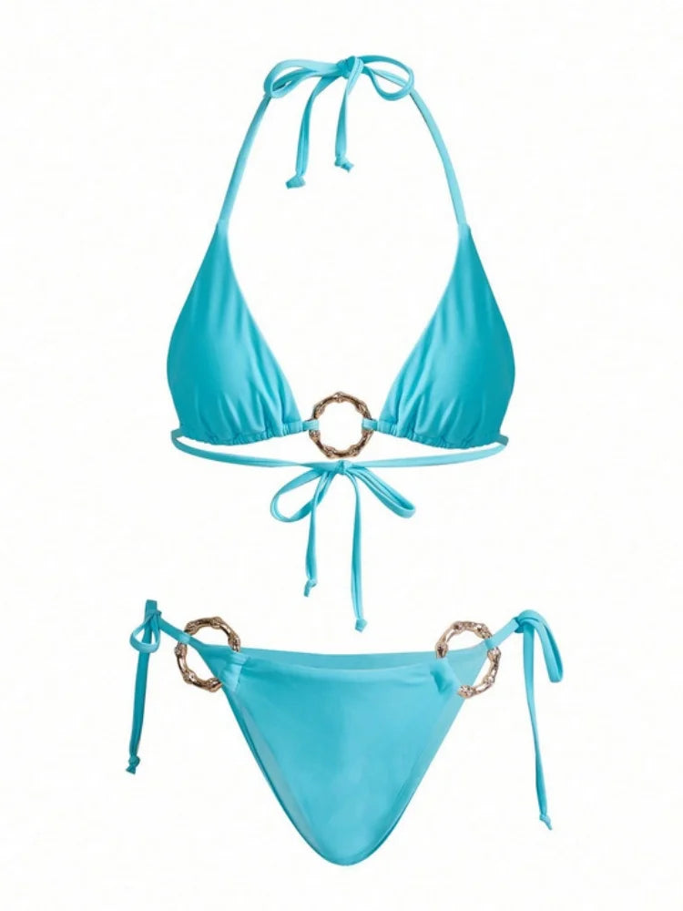 Mesh Long Skirt 3 Piece Bikini Sky Blue Metal Ring Push Up Tie Side Thong Swimwear Beach Bathing Suit Swimsuit