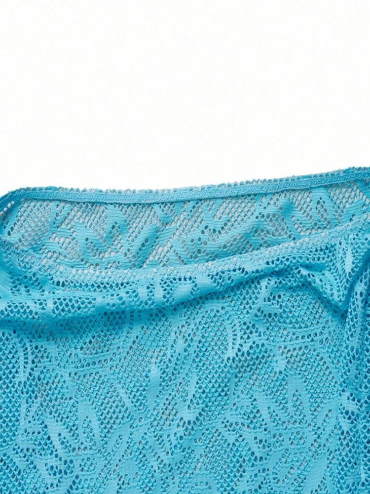 Mesh Long Skirt 3 Piece Bikini Sky Blue Metal Ring Push Up Tie Side Thong Swimwear Beach Bathing Suit Swimsuit