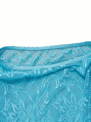 Mesh Long Skirt 3 Piece Bikini Sky Blue Metal Ring Push Up Tie Side Thong Swimwear Beach Bathing Suit Swimsuit