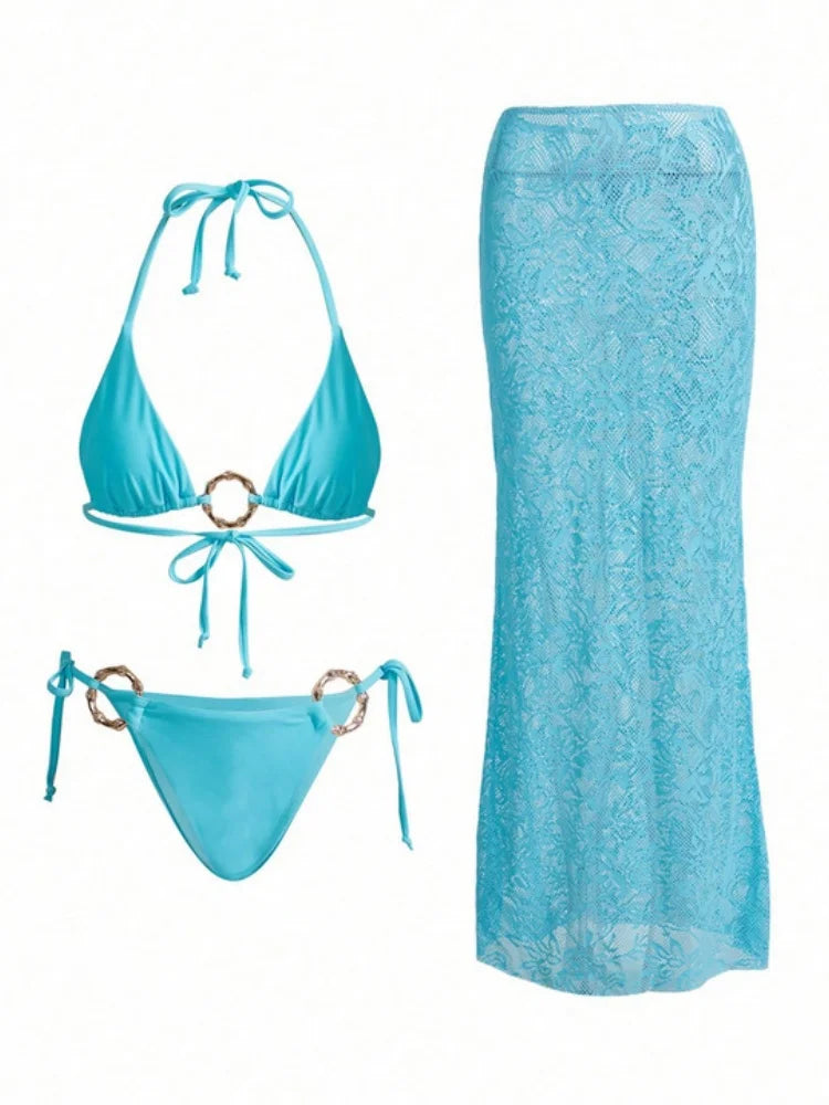 Mesh Long Skirt 3 Piece Bikini Sky Blue Metal Ring Push Up Tie Side Thong Swimwear Beach Bathing Suit Swimsuit