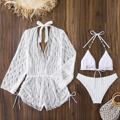 Mesh Long Sleeve Cover Up 3 Piece Bikini Set