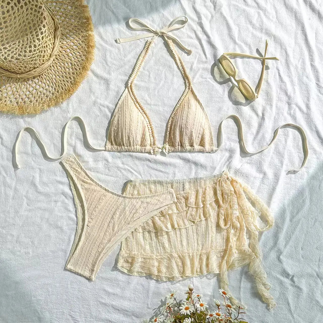 Mesh Ruffles Skirt 3 Piece Bikini Set