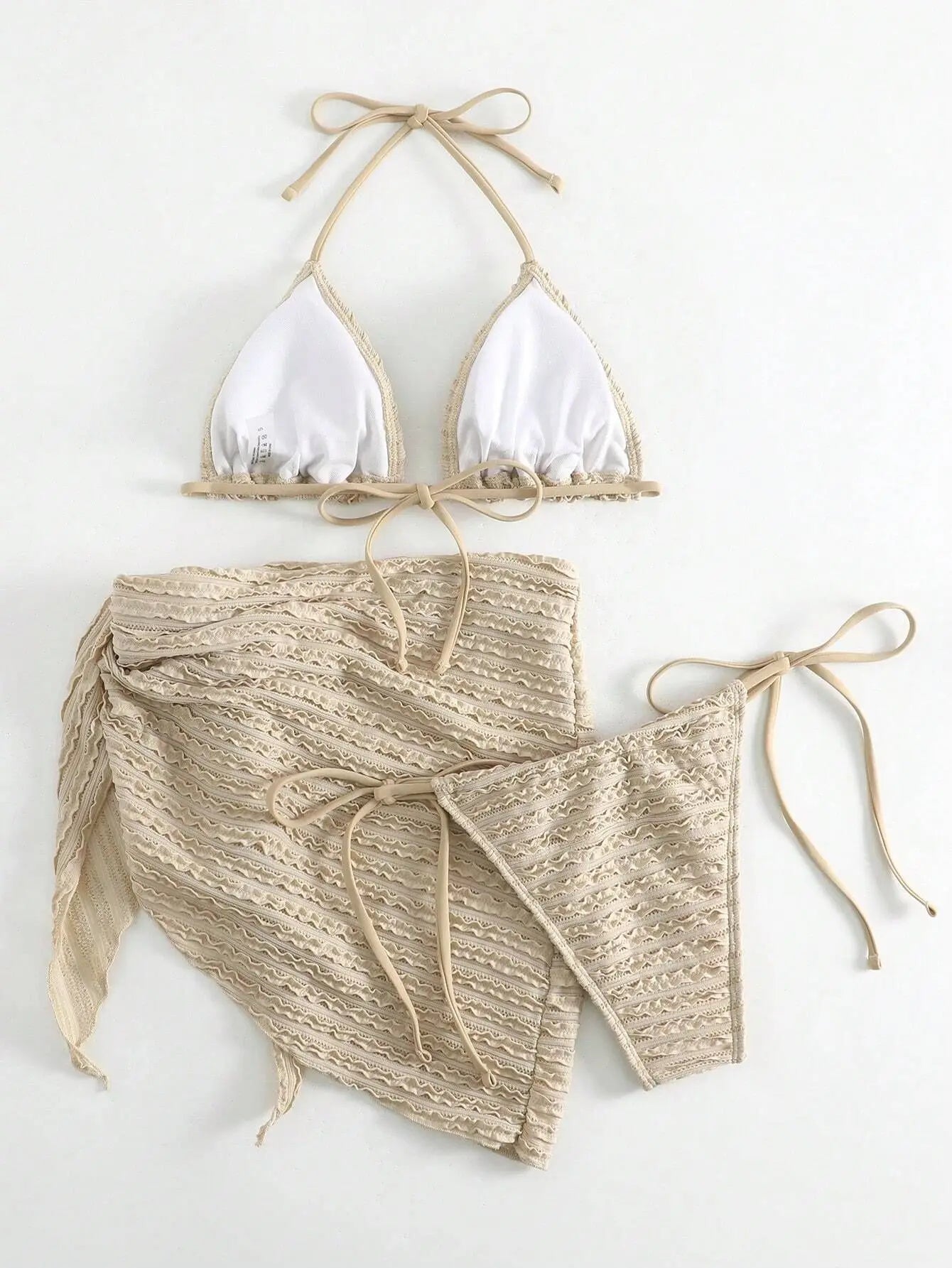 Mesh Skirt 3 Piece Swimsuit Solid Beige Hole Out Push Up Triangle Bikini Beach Bathing Suit Cover Up Swimwear