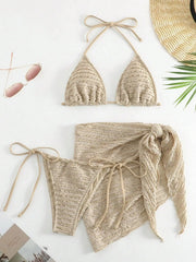 Mesh Skirt 3 Piece Swimsuit Solid Beige Hole Out Push Up Triangle Bikini Beach Bathing Suit Cover Up Swimwear