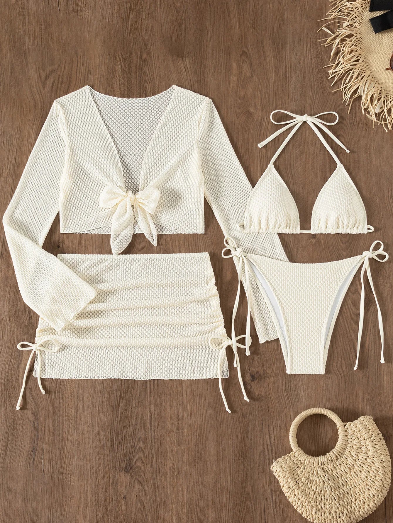 Mesh White 4 Piece Bikini Set