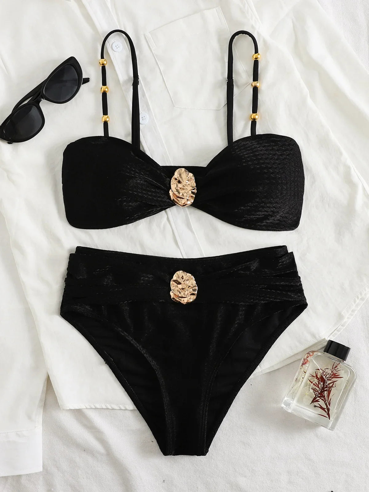 Metal Buckle High Waist Bikini Set