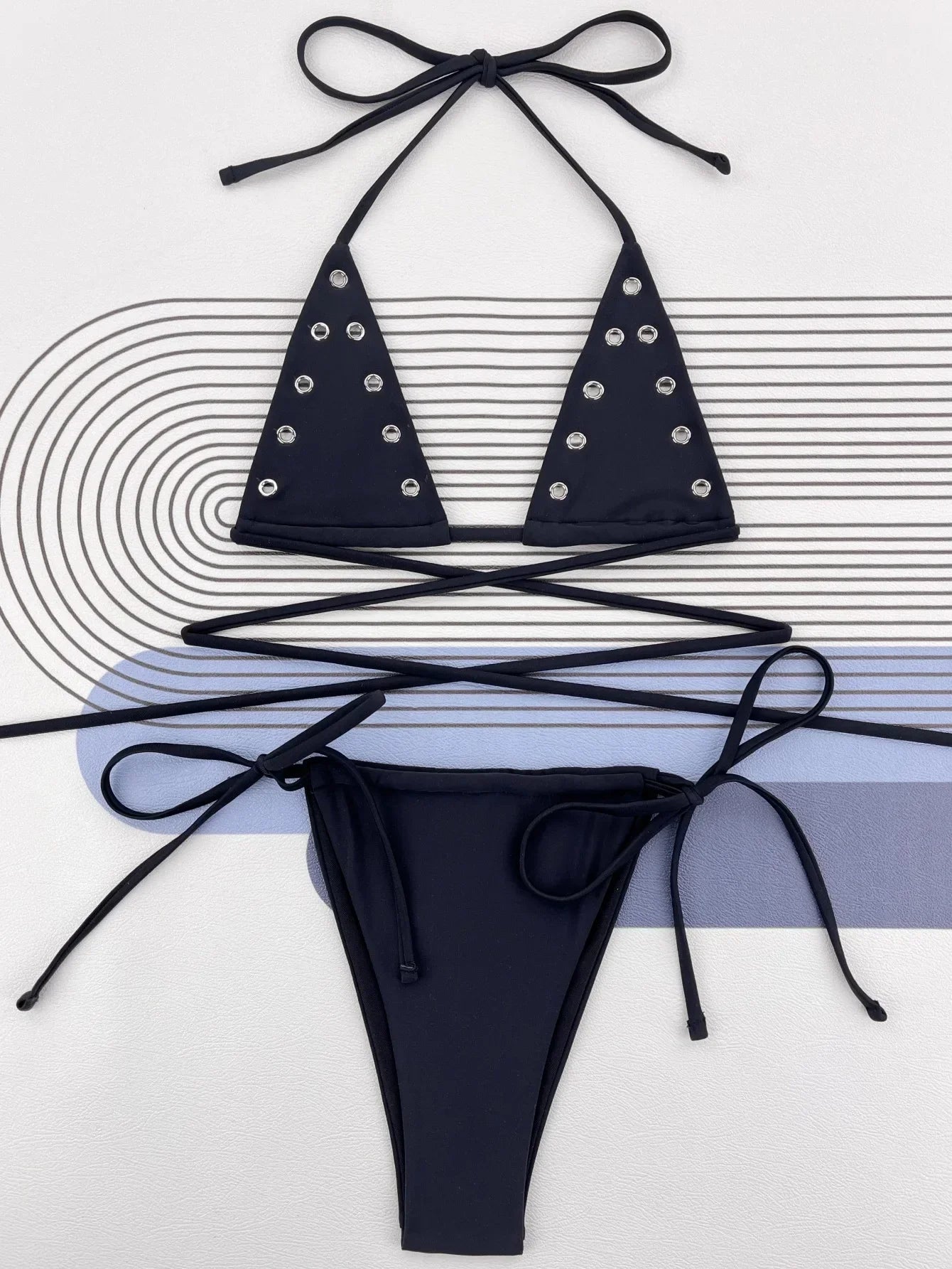 Metal Button Micro Bikini Black Halter Push Up Bandage Cross Thong Swimsuit Beach Holiday Bathing Suit Swimwear