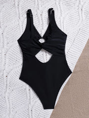 Metal Ring Linked Hollow Out One Piece Swimsuit Black Backless High Waist Bikini Bathing Suit