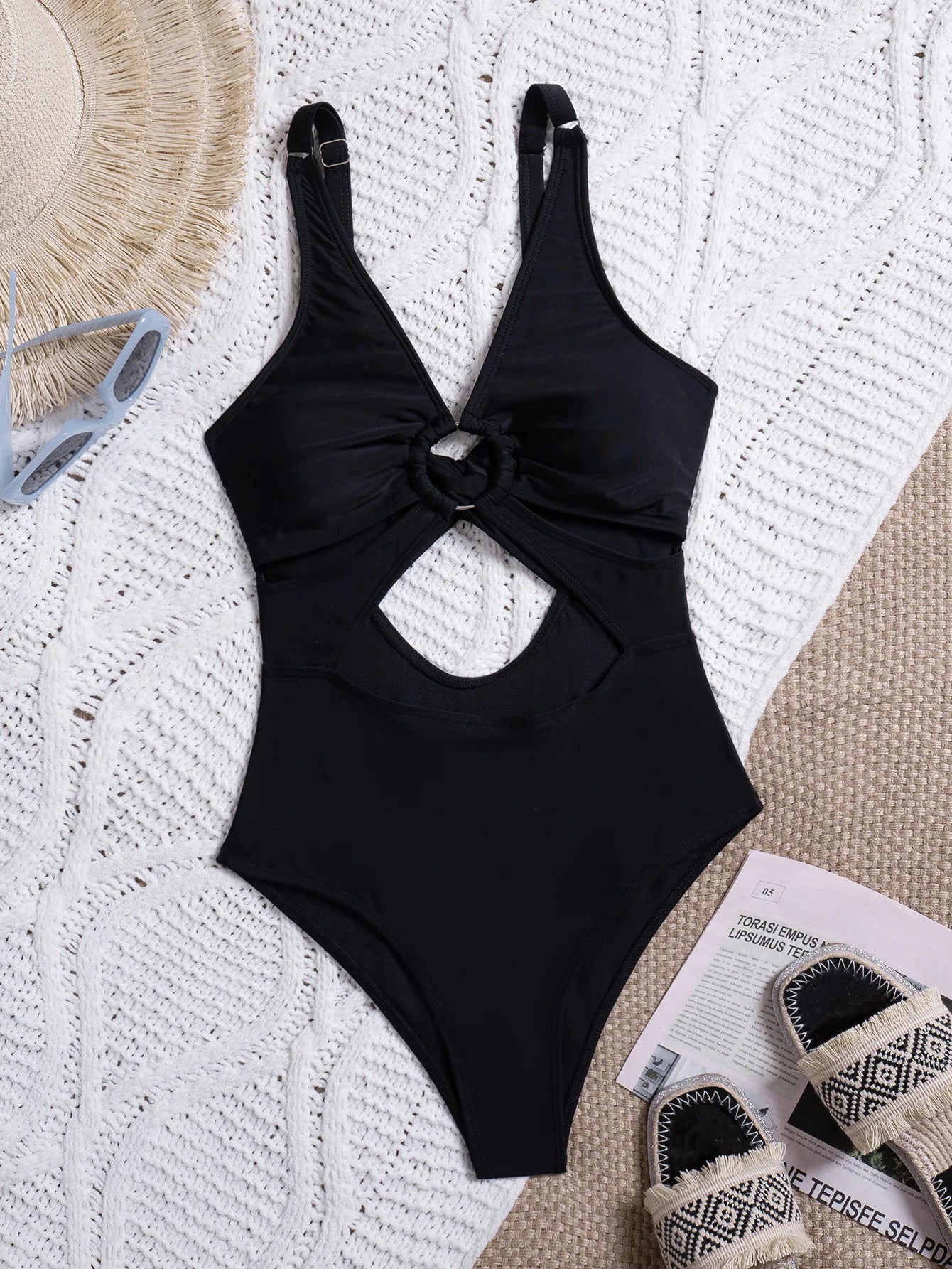 Metal Ring Linked Hollow Out One Piece Swimsuit Black Backless High Waist Bikini Bathing Suit