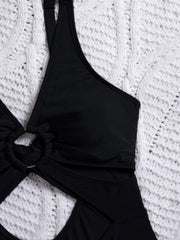 Metal Ring Linked Hollow Out One Piece Swimsuit Black Backless High Waist Bikini Bathing Suit