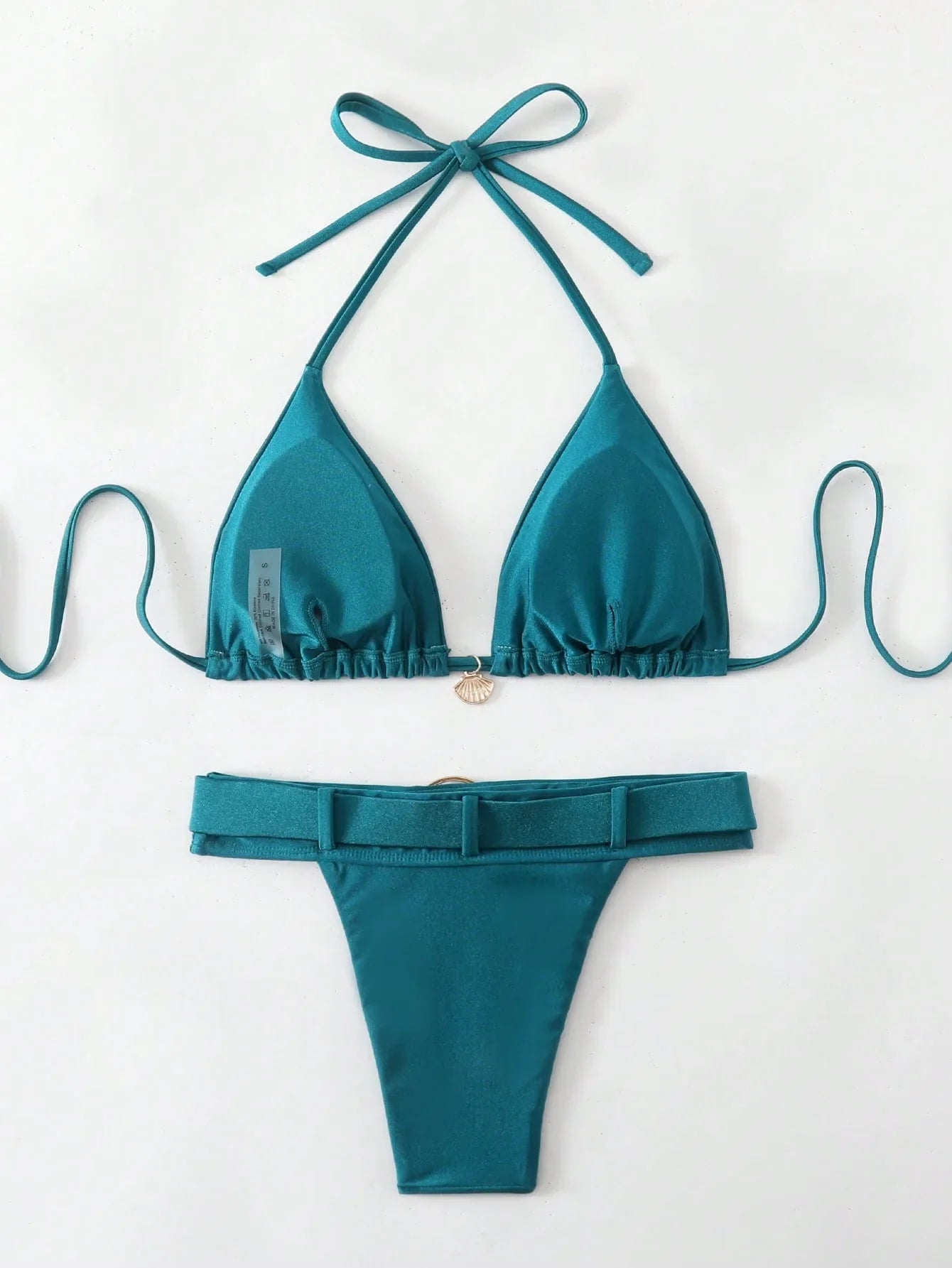 Metal Shell Buckle Thong Bikini Mujer Peacock Blue Push Up Bra Two Piece Swimsuit Bathing Suit