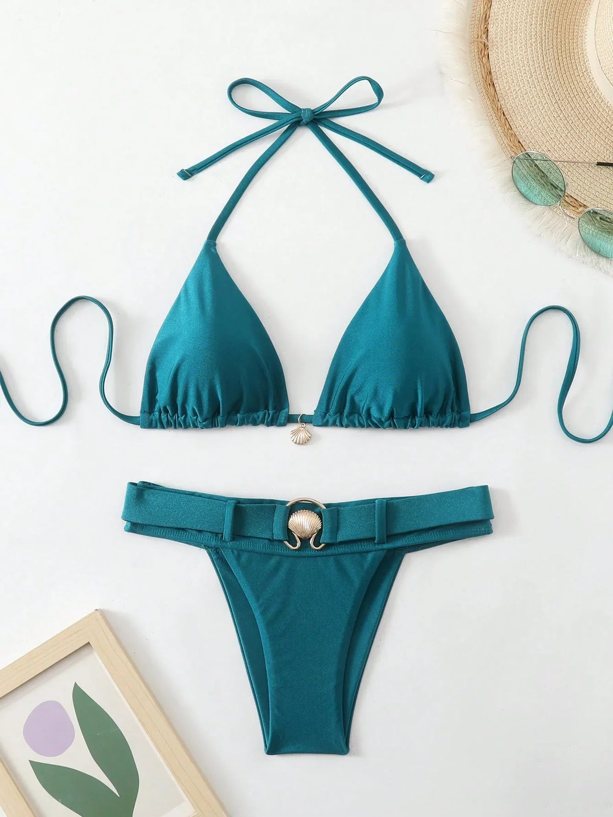 Metal Shell Buckle Thong Bikini Mujer Peacock Blue Push Up Bra Two Piece Swimsuit Bathing Suit