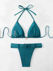 Metal Shell Buckle Thong Bikini Mujer Peacock Blue Push Up Bra Two Piece Swimsuit Bathing Suit