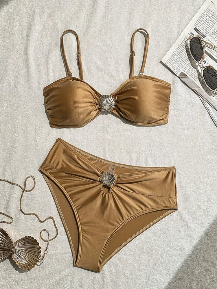 Metal Shell High Waist Bikini Set