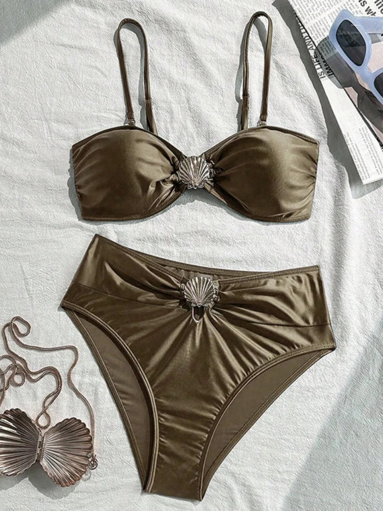 Metal Shell High Waist Bikini Set