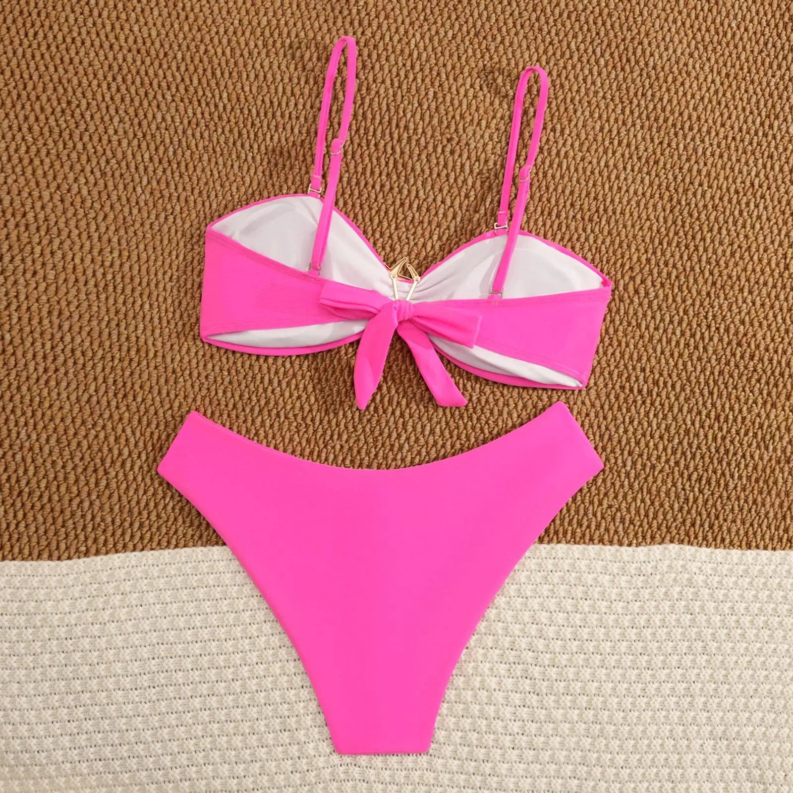 Metal Starfish Ornament Bikini Pink Pleate Push Up High Waist Swimwear Beach Bathing Suit Holiday Swimsuit