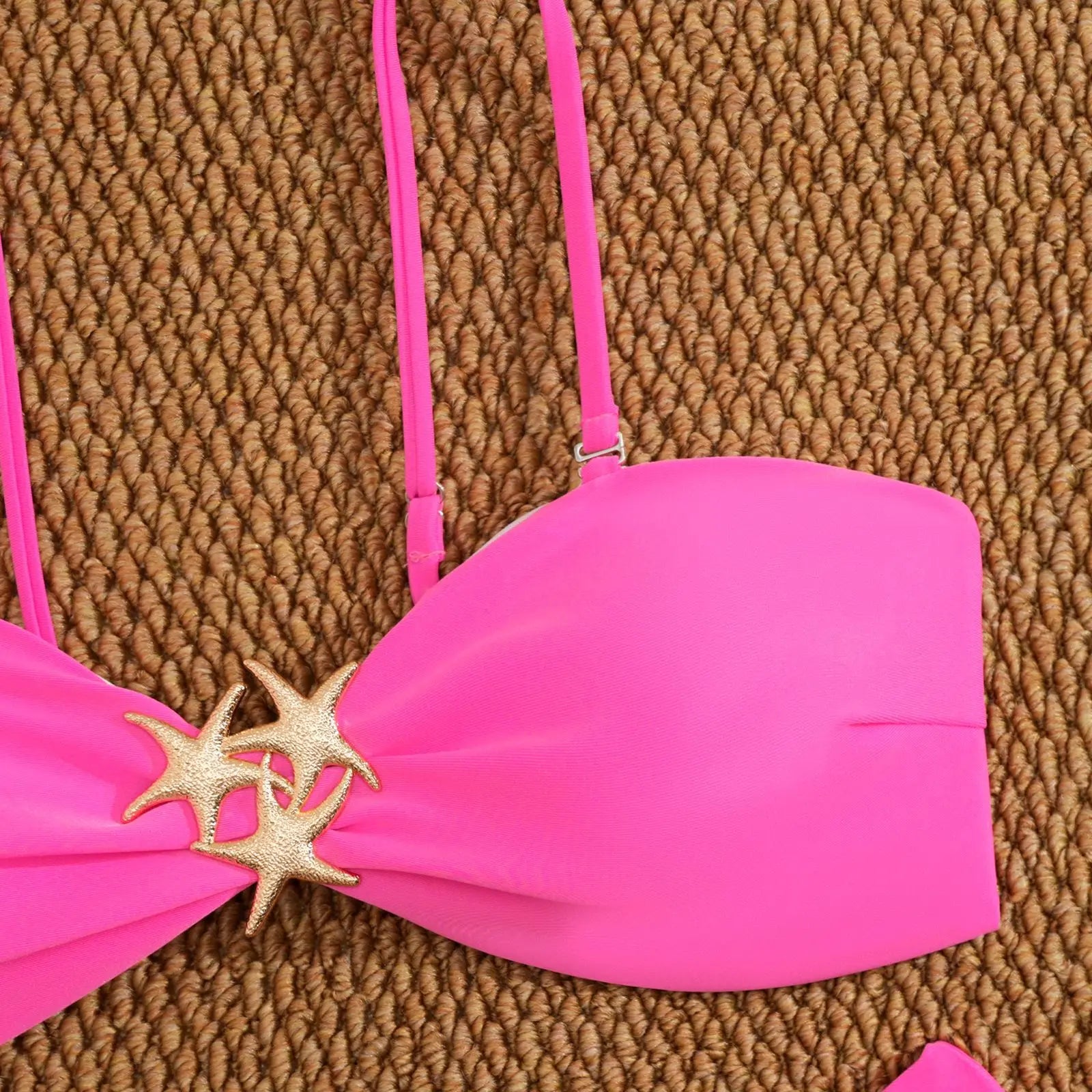 Metal Starfish Ornament Bikini Pink Pleate Push Up High Waist Swimwear Beach Bathing Suit Holiday Swimsuit
