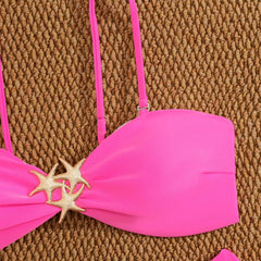 Metal Starfish Ornament Bikini Pink Pleate Push Up High Waist Swimwear Beach Bathing Suit Holiday Swimsuit