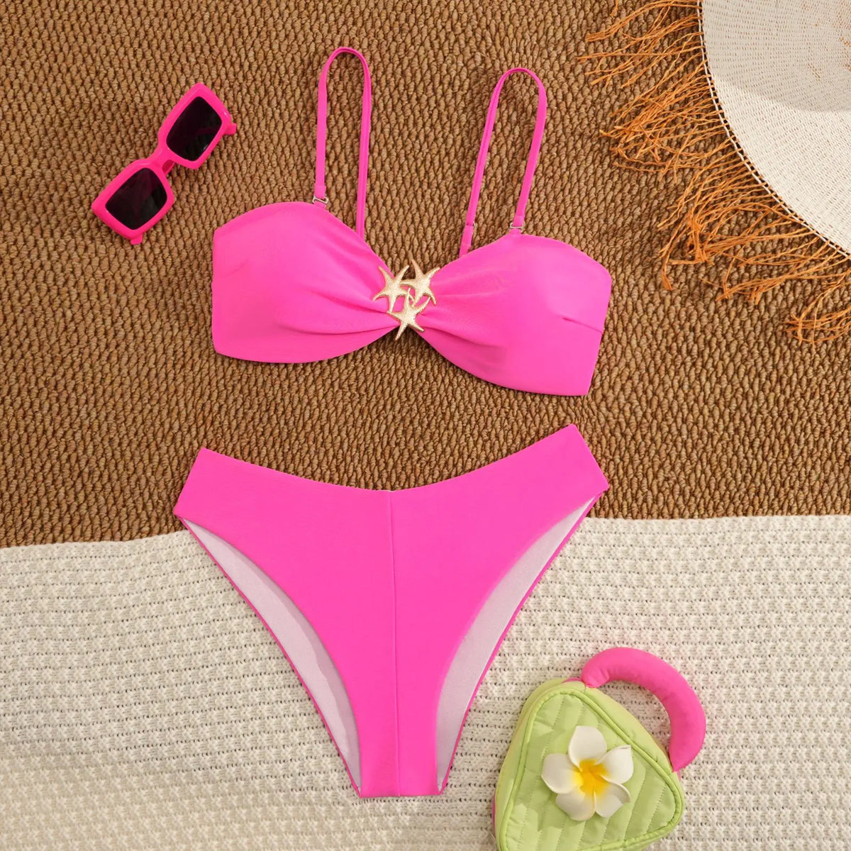 Metal Starfish Ornament Bikini Pink Pleate Push Up High Waist Swimwear Beach Bathing Suit Holiday Swimsuit