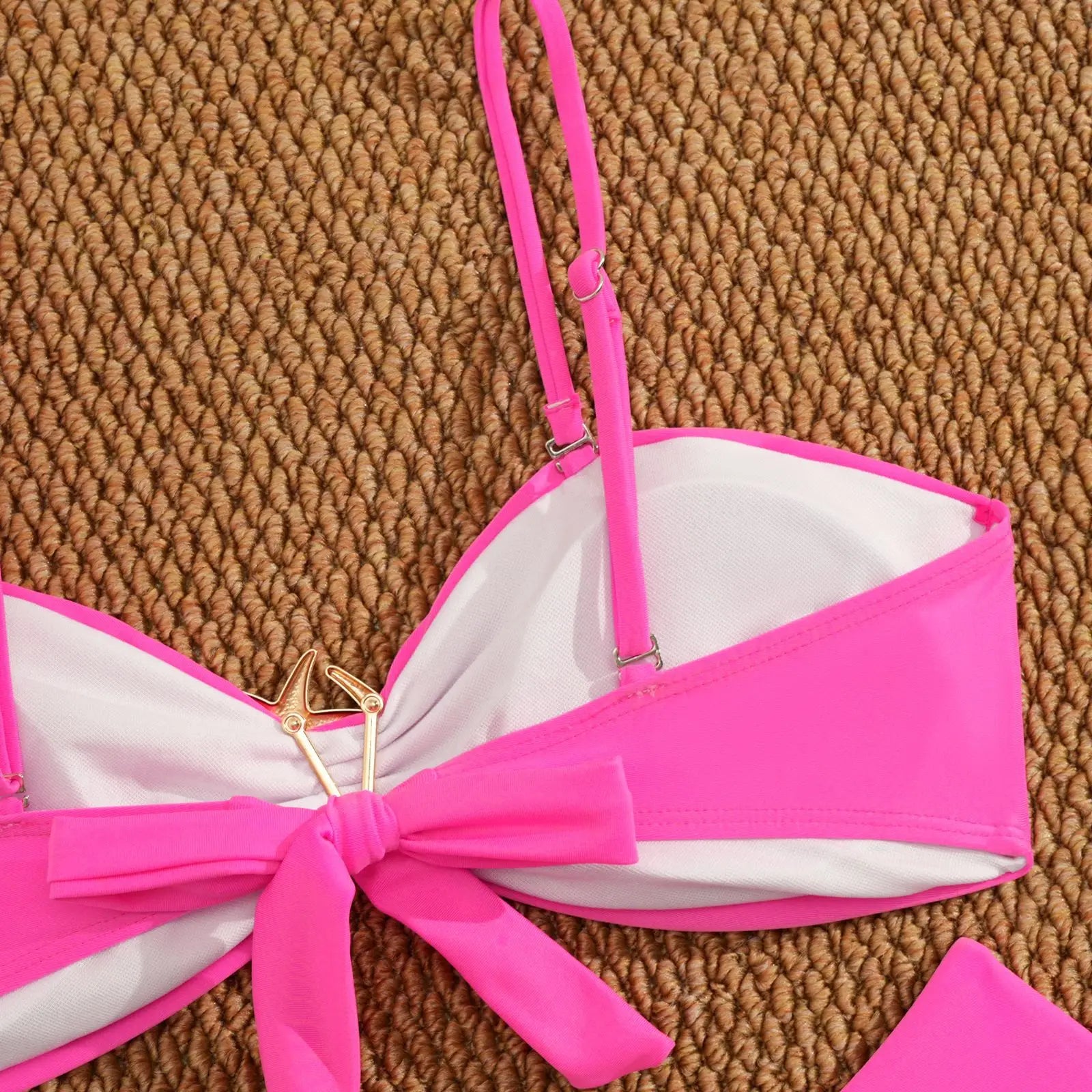 Metal Starfish Ornament Bikini Pink Pleate Push Up High Waist Swimwear Beach Bathing Suit Holiday Swimsuit
