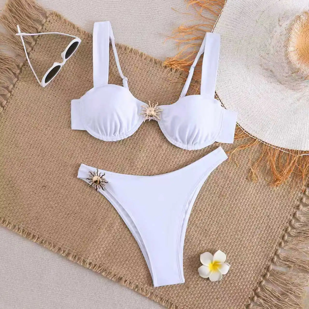 Metal Sun Ornament Thong Bikini Set