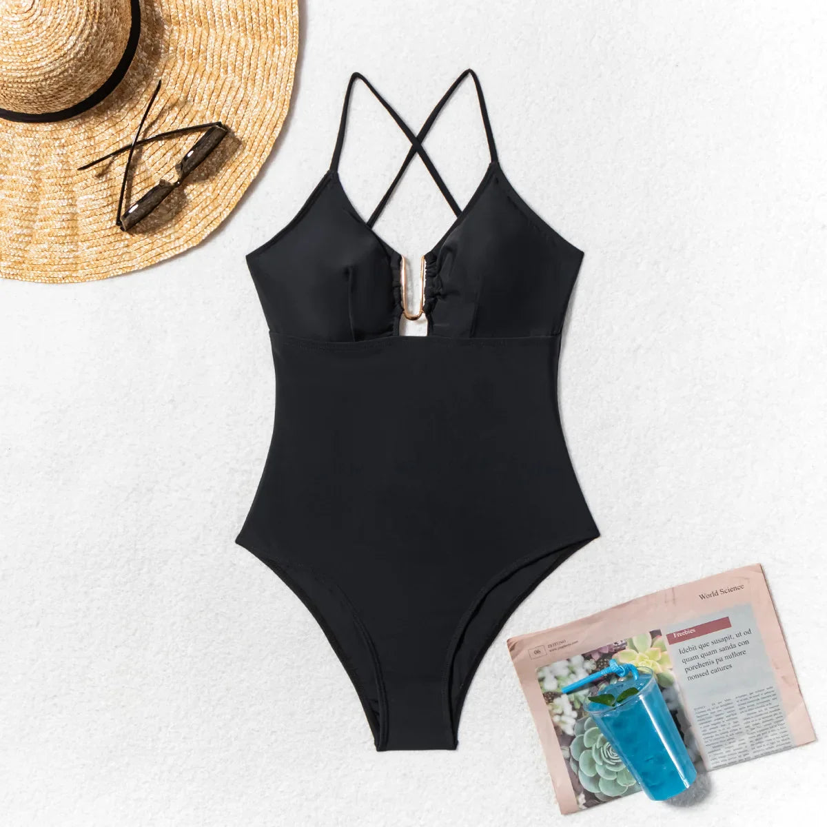 Metal U Neck Swimwear Black Hollow Bandage Cross Backless Tummy Control One Piece Swimsuit Beach Bathing Suits