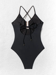 Metal U Neck Swimwear Black Hollow Bandage Cross Backless Tummy Control One Piece Swimsuit Beach Bathing Suits