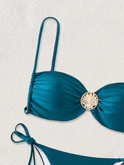 Micro Bikini Metal Ring Pearls Pleate Push Up Bra Triangle Swimsuit Bathing Suit Tie Side Thong Swimwear Biquini