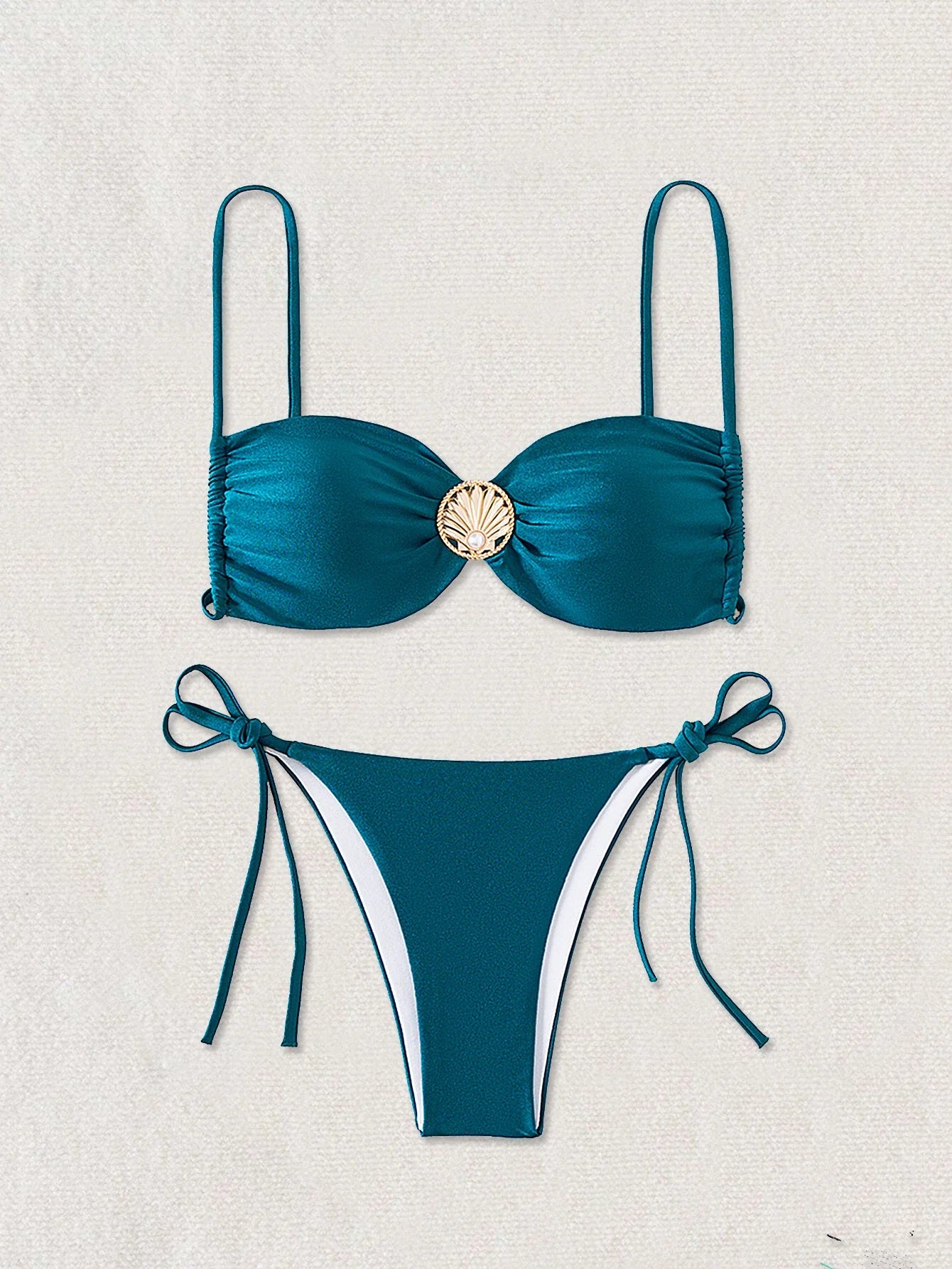 Micro Bikini Metal Ring Pearls Pleate Push Up Bra Triangle Swimsuit Bathing Suit Tie Side Thong Swimwear Biquini