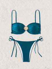 Micro Bikini Metal Ring Pearls Pleate Push Up Bra Triangle Swimsuit Bathing Suit Tie Side Thong Swimwear Biquini
