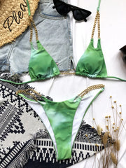 Micro Bikini Solid Black Push Up Bra Chain Metal Strap Swimsuit Brazilian Beach Bathing Suit Thong Swimwear Biquini