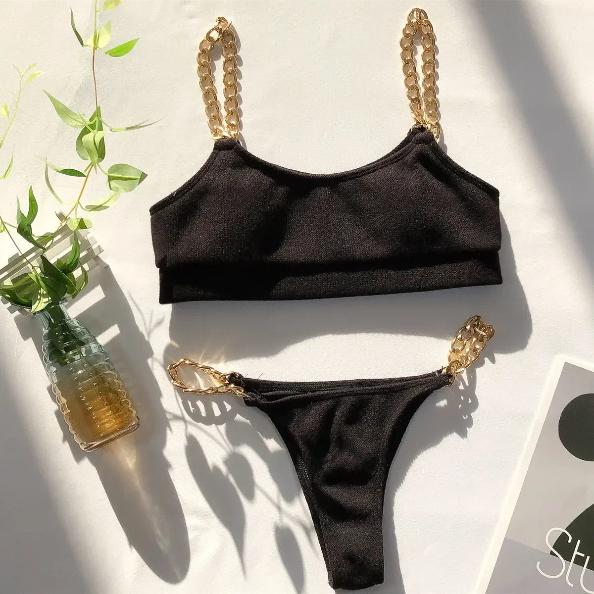 Micro Bikini Solid Black Push Up Bra Chain Metal Strap Swimsuit Brazilian Beach Bathing Suit Thong Swimwear Biquini