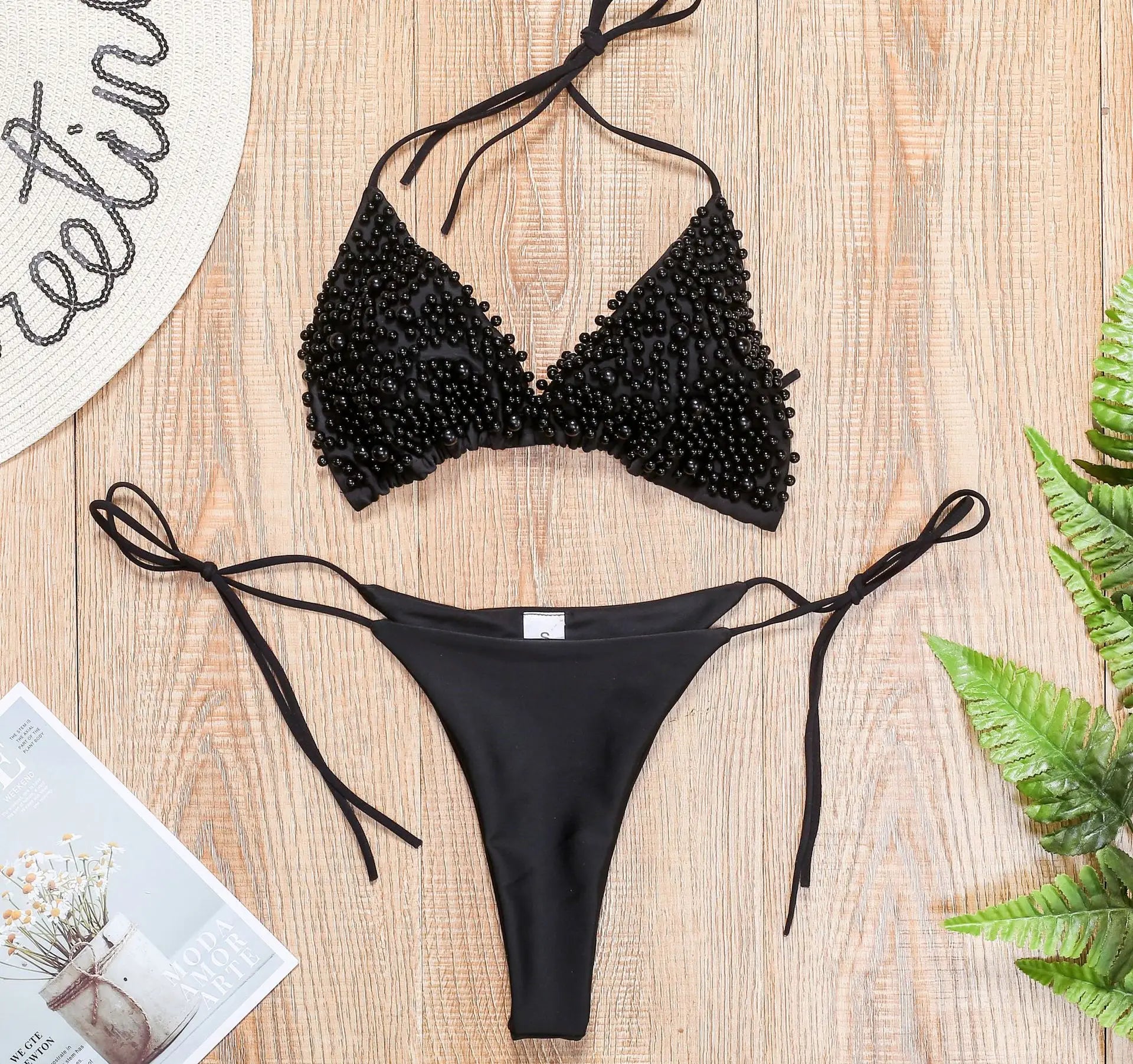 Micro Bikini Solid Black White Pearl Designer Swimsuit Beach Push Up Bathing Suit Thong Swimwear Biquini