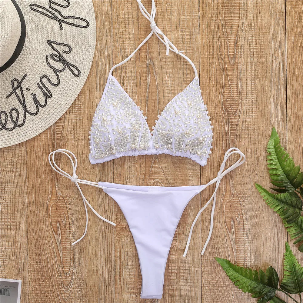 Micro Bikini Solid Black White Pearl Designer Swimsuit Beach Push Up Bathing Suit Thong Swimwear Biquini